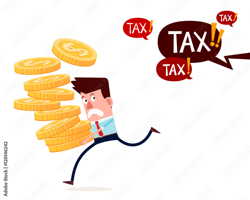 young successful businessman carry stack of gold coins running away from paying taxes young successful businessman carry stack of gold coins running away from paying taxes