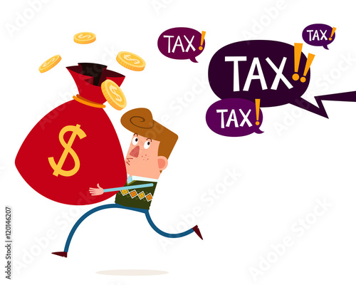 young millionaire carry moneybags run away from tax and financial threat