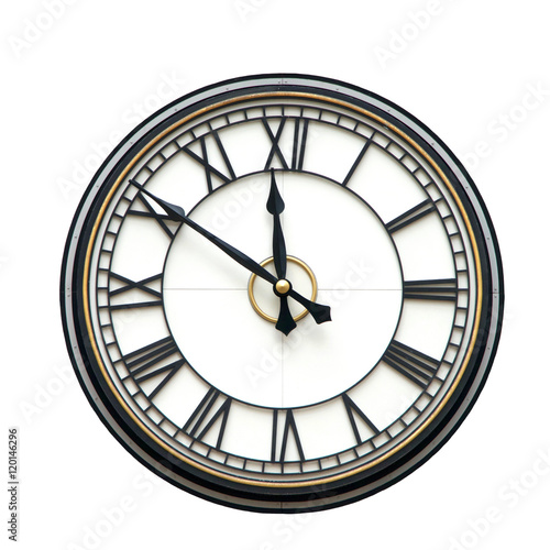Clock with roman numerals for hours, hands at nine minutes to twelve o'clock, isolated on white background