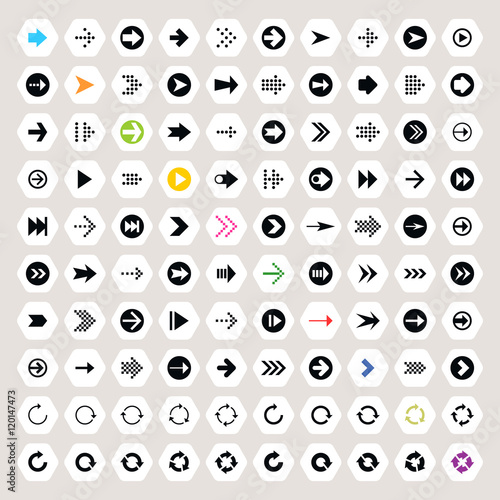 Arrow sign icon set on hexagon shapes