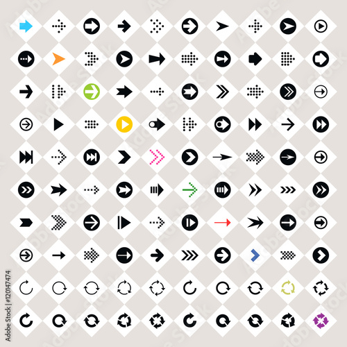 Arrow sign icon set on rhomb shapes