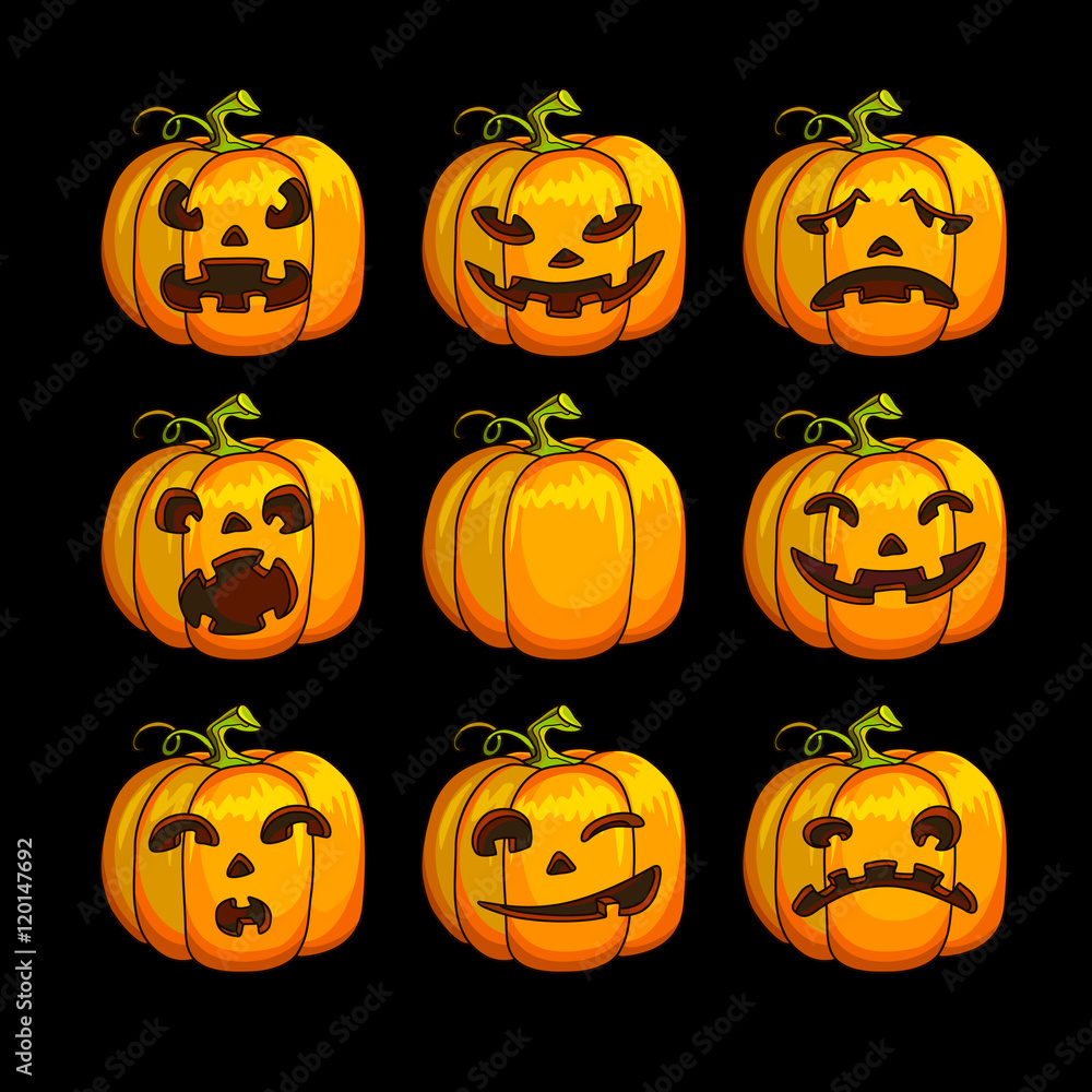 Halloween scary pumpkins set of different characters. Halloween scary pumpkins set of different characters.