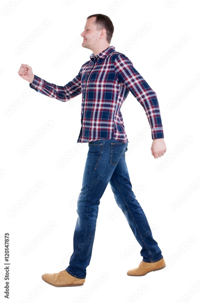 Back view of going handsome man in checkered shirt. walking young guy . Rear view people collection. backside view of person. Isolated over white background. Back view of going handsome man in checkered shirt. walking young guy . Rear view people collection. backside view of person. Isolated over white background.