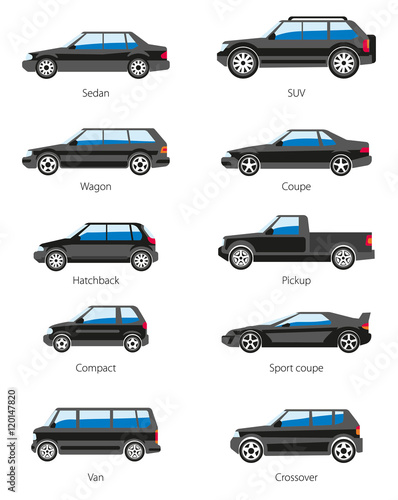 Different car types icons set