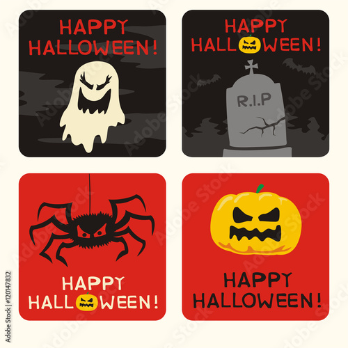Happy halloween. Set vector halloween posters with ghost, pumpkin, spider and grave. Happy helloween cards