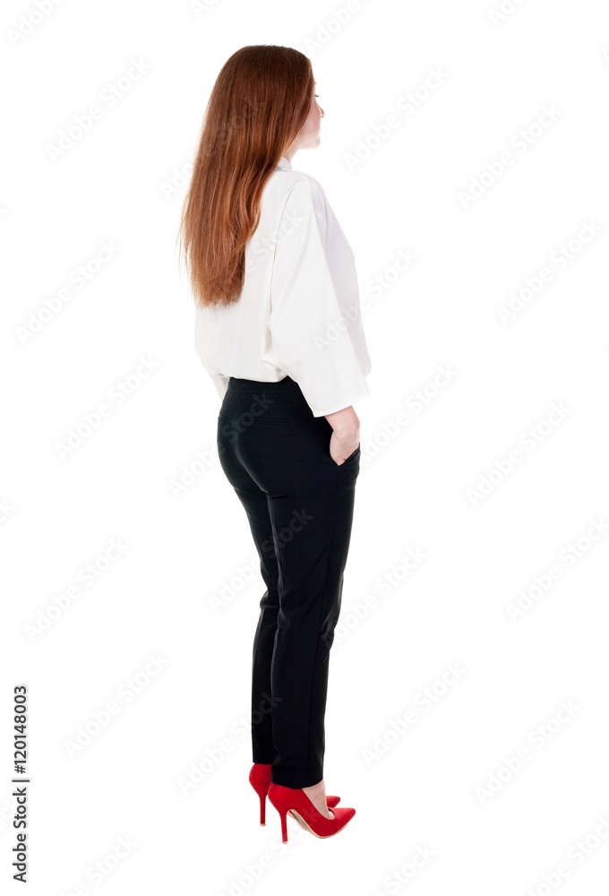 back view of redhead business woman contemplating. Young girl in suit. Rear view people collection. backside view of person. Isolated over white background. back view of redhead business woman contemplating. Young girl in suit. Rear view people collection. backside view of person. Isolated over white background.