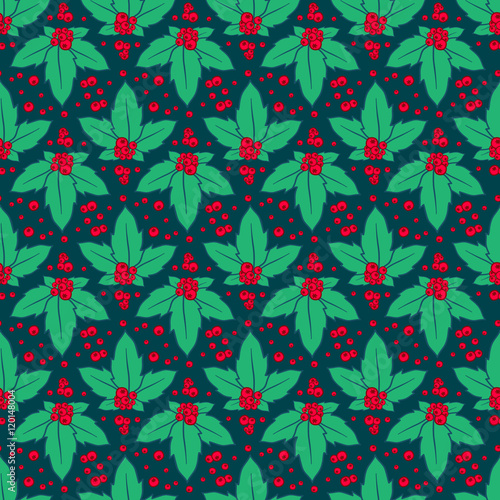 Vector hand drawn background  design element for greeting card  fabric  wrapping paper. Holly with berry. Christmas seamless pattern. Happy new year