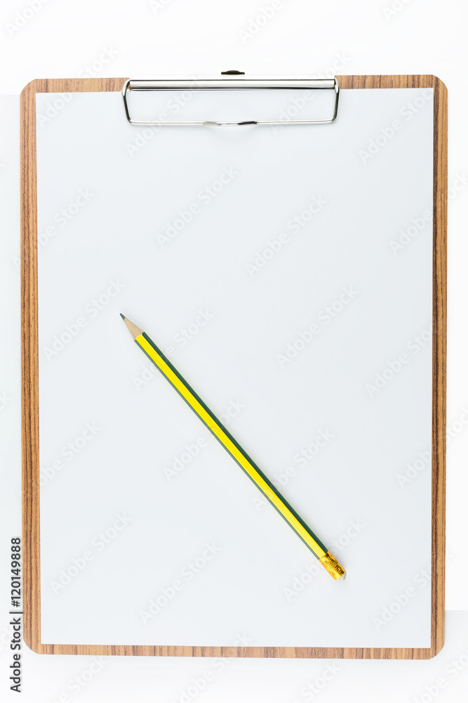 Blank wooden clipboard with paper and pencil on white background Blank wooden clipboard with paper and pencil on white background