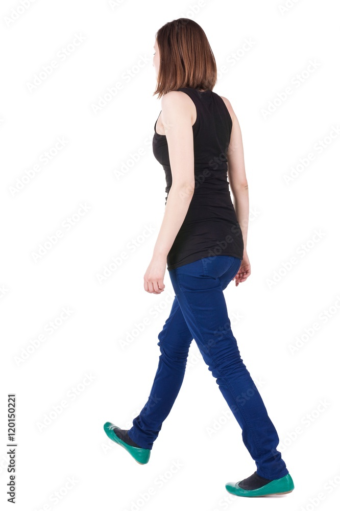 back view of walking brunette girl. woman in motion. Rear view people collection. backside view of person. Isolated over white background. back view of walking brunette girl. woman in motion. Rear view people collection. backside view of person. Isolated over white background.