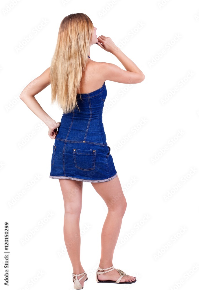 Back view of thinking young beautiful woman. Rear view. isolated over white background. Concept of idea, ask question, think up, choose, decide. Back view of thinking young beautiful woman. Rear view. isolated over white background. Concept of idea, ask question, think up, choose, decide.