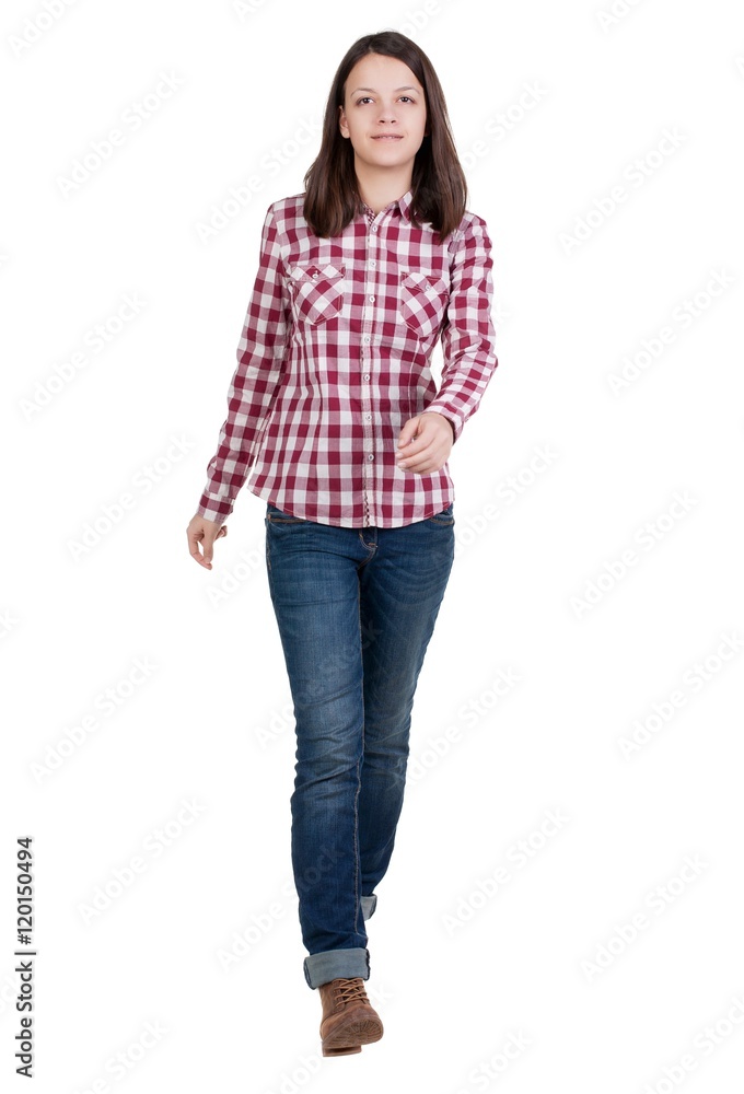 back view of walking woman in checkered shirt. beautiful brunette girl in motion. backside view of person. Rear view people collection. Isolated over white background. back view of walking woman in checkered shirt. beautiful brunette girl in motion. backside view of person. Rear view people collection. Isolated over white background.