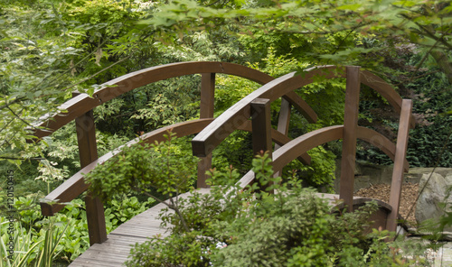 Wooden small bridge in a Japanese-style garden.