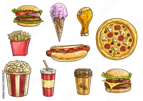 Fast food snacks and drinks icons sketch set