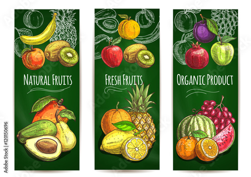 Organic fresh juicy fruits sketch poster