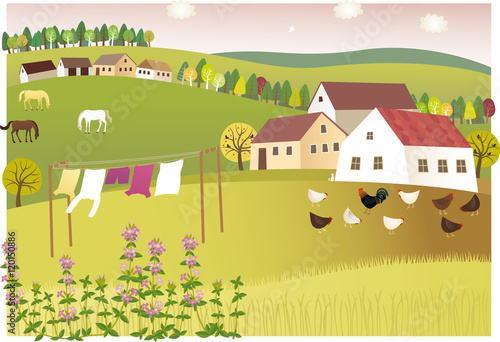 Fragrance of summer home.
Vector illustration of peaceful and sweet-scented summer village.