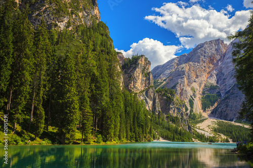 Amazing view of Braies Lake (Lago Di Braies, Pragser Wildsee) in Northern Italy