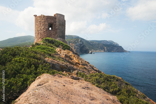 Torre del Porticciolo - Ruins of Ancient Watchtower  Nuraghe  on the Hill over the Porticciolo Beach near Alghero  Sardinia  Italy