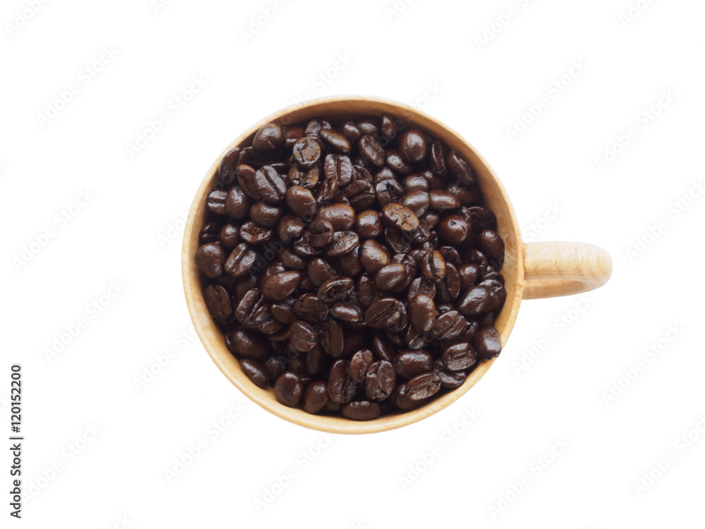 Fototapeta premium Top view of seed coffee in wooden cup