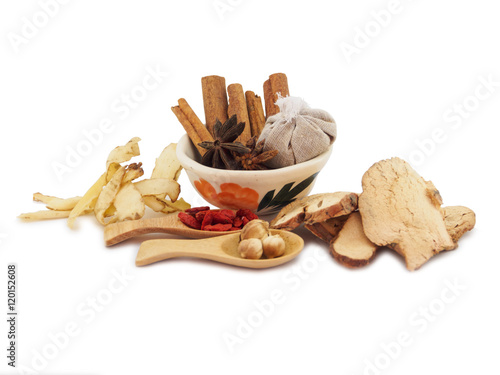 Igredients of soup chinese style for herb and medicine on white