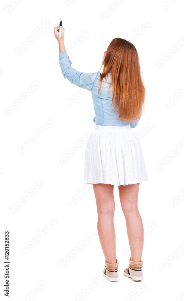 back view of writing beautiful redhead woman. Young girl in dress draws. Rear view people collection. backside view of person. Isolated over white background back view of writing beautiful redhead woman. Young girl in dress draws. Rear view people collection. backside view of person. Isolated over white background
