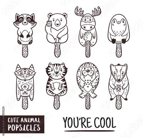 Cute animal popsicles outline illustration. Vector ice cream set