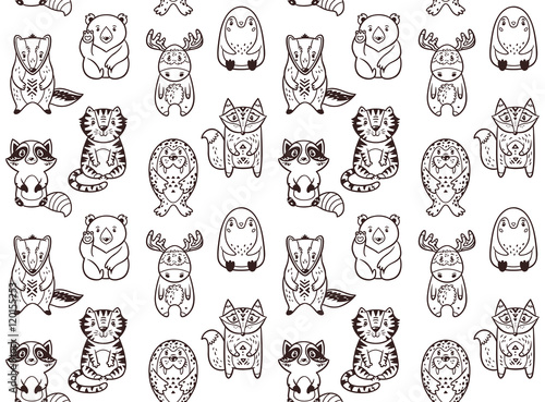 Seamless pattern with funny animals in cartoon. Vector illustration
