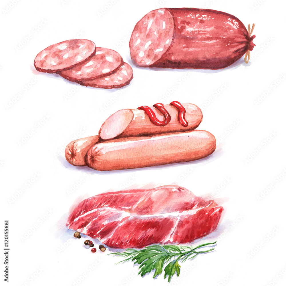 Handdrawn watercolor illustration of different meat products fresh