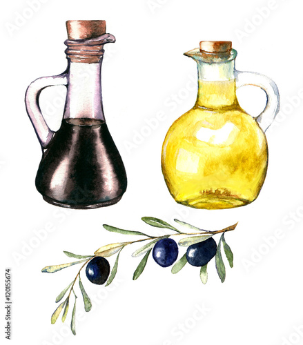 Hand-drawn watercolor illustration of olive oil and the balsamic vinegar. Drawing of the two bottles isolated on the white background with olive branch
