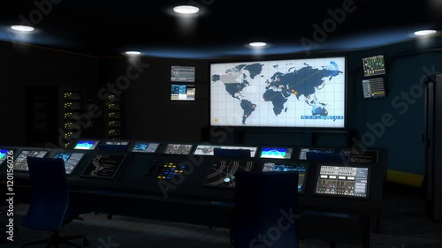 Computer generated, Artist rendering, high-tech command center room.	