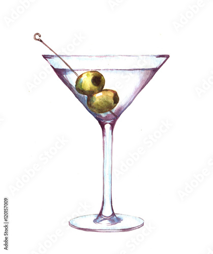 Hand-drawn watercolor illustration of the martini in the glass with green olives. Isolated alcohol drawing on the white background © anastasianio