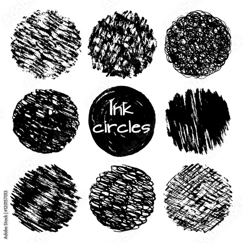 Hand drawn ink lines scribbles circles different textures vector set.