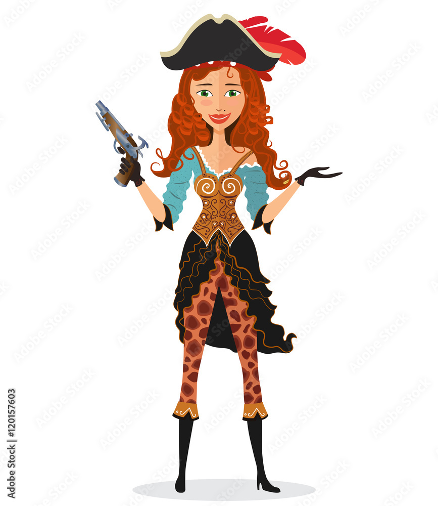 Pirate lady presenting something. Vector. Cartoon pirate girl with powder gun. Cute little pirate girl isolated on a white background. Pirate lady presenting something. Vector. Cartoon pirate girl with powder gun. Cute little pirate girl isolated on a white background.