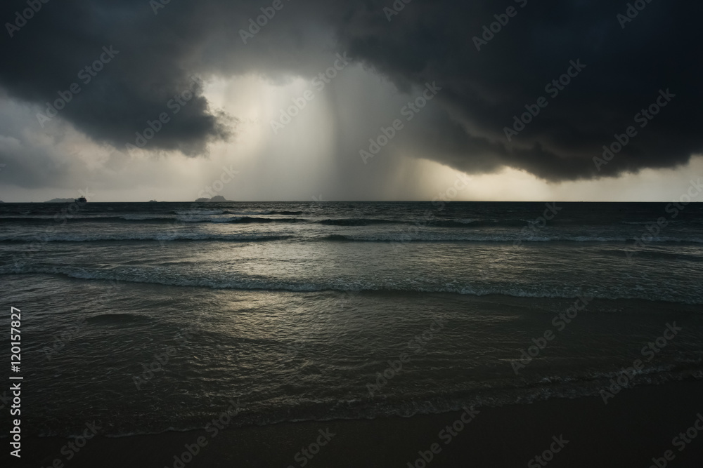 Dramatic seascape with storm and rain and dark clouds