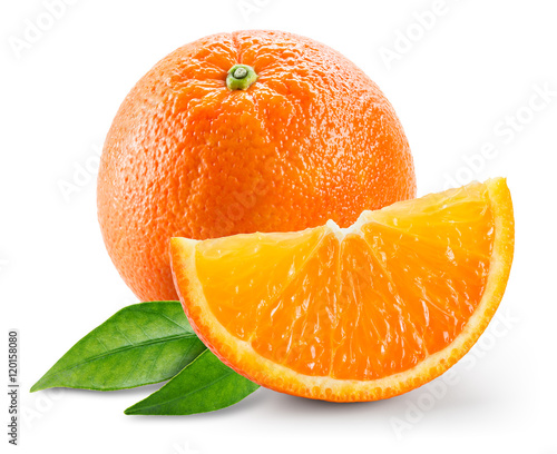Orange fruit with slice and leaves isolated on white background.