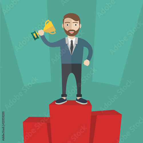 Businessman winner standing in first place on a podium holding up an award trophy as he celebrates his victory vector illustration