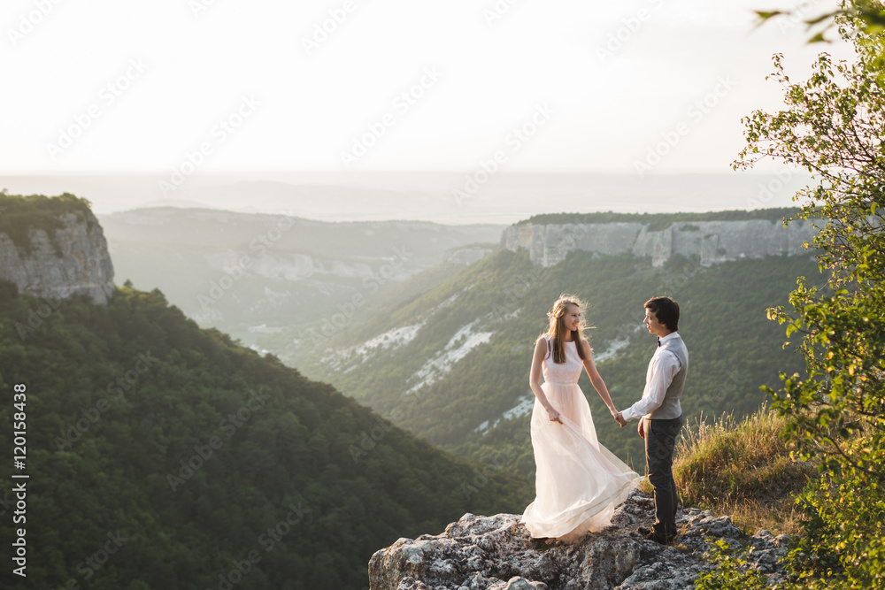 Wedding couple standing on the edge of the cliff with incredible view
