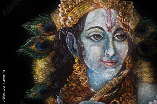 head of krishna with peacock feather and jewelry, hand painted