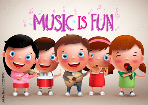 Kids playing musical instruments vector characters while singing fun music. Vector illustration.
