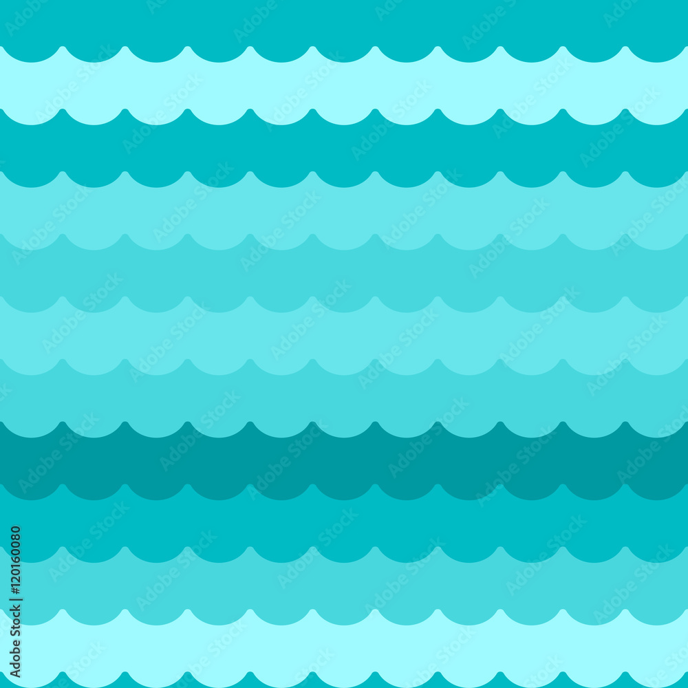 Waves background seamless vector, blue flat wave pattern repeated seamlessly, simple cartoon sea