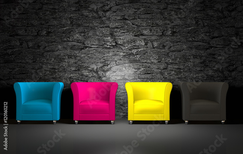 3D CMYK chairs and stone wall photo