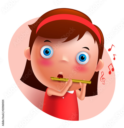 Young flutist vector character playing and holding flute isolated in white background. Vector illustration.
