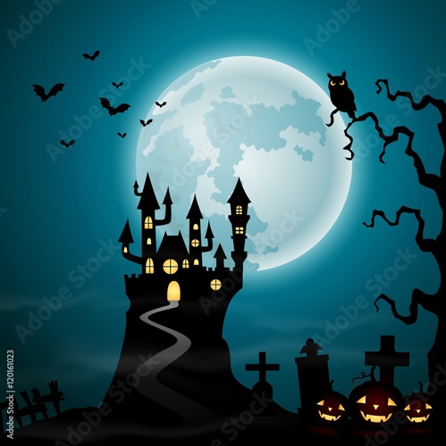 Halloween background with spooky castle and graveyard