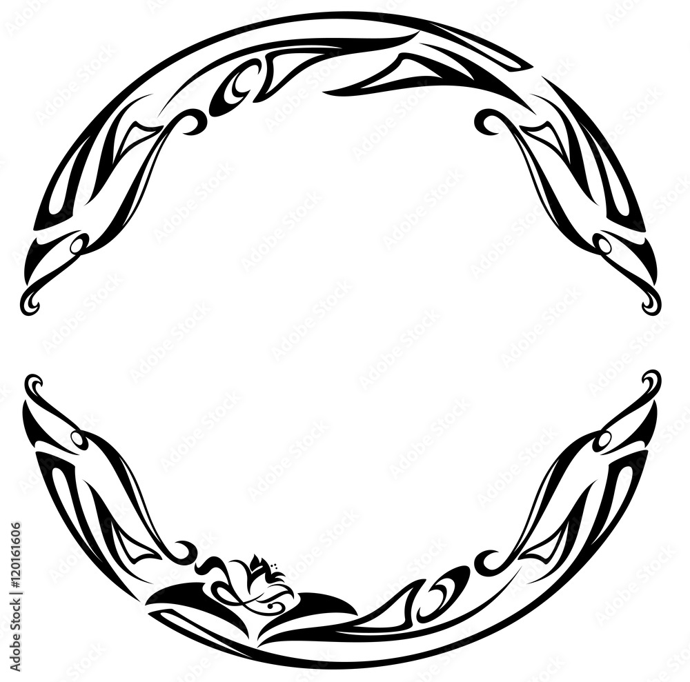 art nouveau style round frame - black and white abstract floral design
