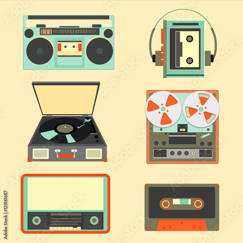 Set of retro music gadgets from 21-st century. Old musical devic