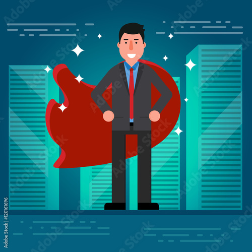 Successful businessman or broker in suit and red cape on city ro