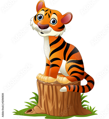 Fototapeta Naklejka Na Ścianę i Meble -  Cartoon tiger sitting on tree stump