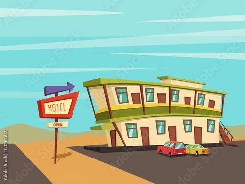 Fototapeta Naklejka Na Ścianę i Meble -  Motel in the desert. Old signboard. Vector cartoon illustration