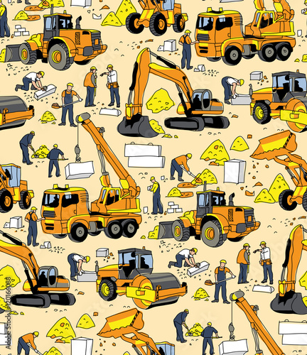 Wallpaper Mural Building people and construction equipment color seamless pattern. Torontodigital.ca
