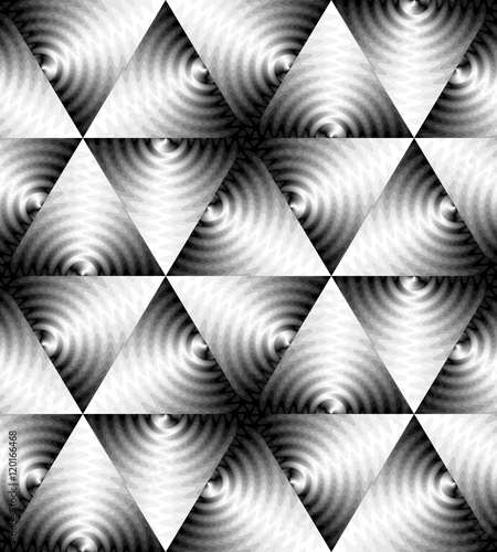 Vector Illustration. Seamless Monochrome Triangle Pattern of Expanding Waves Intersect in the Center. Optical Volume Effect. © nofretka
