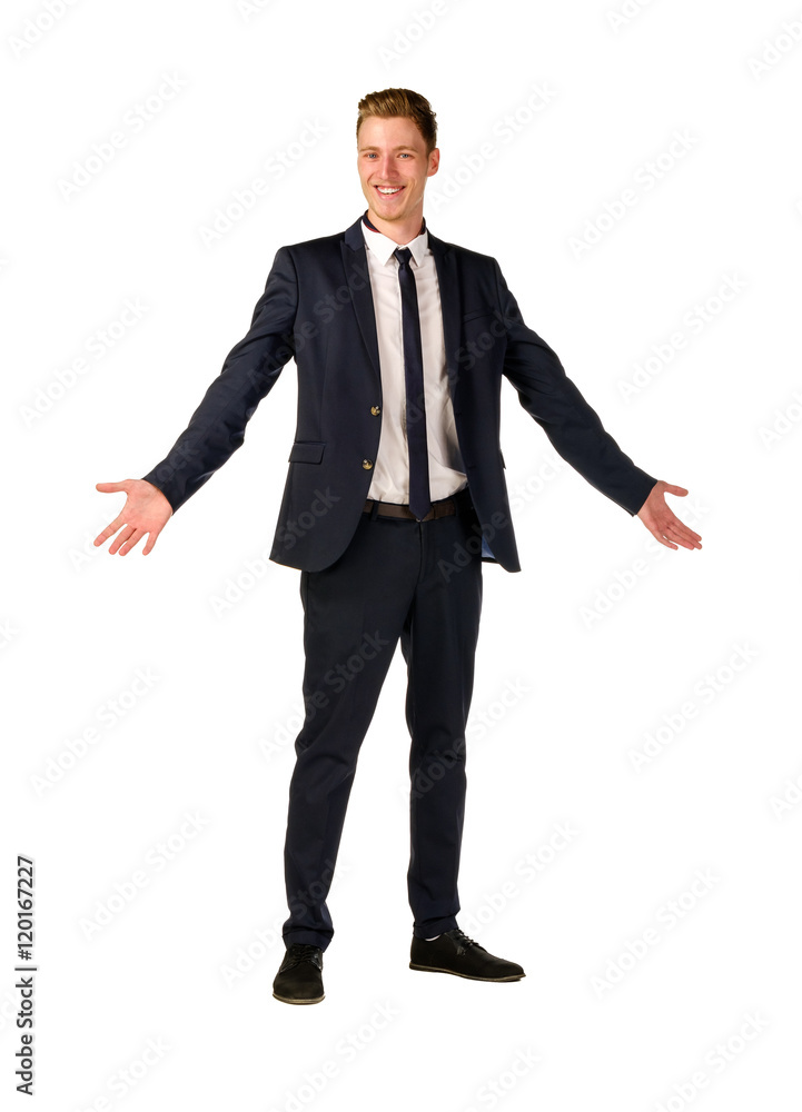 Approachable young business man with open arms isolated Approachable young business man with open arms isolated
